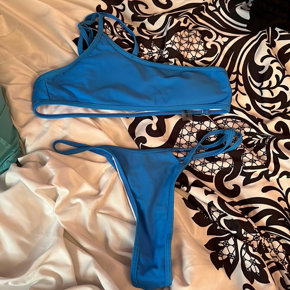 Shein small blue bikini one shoulder top with thong bottom